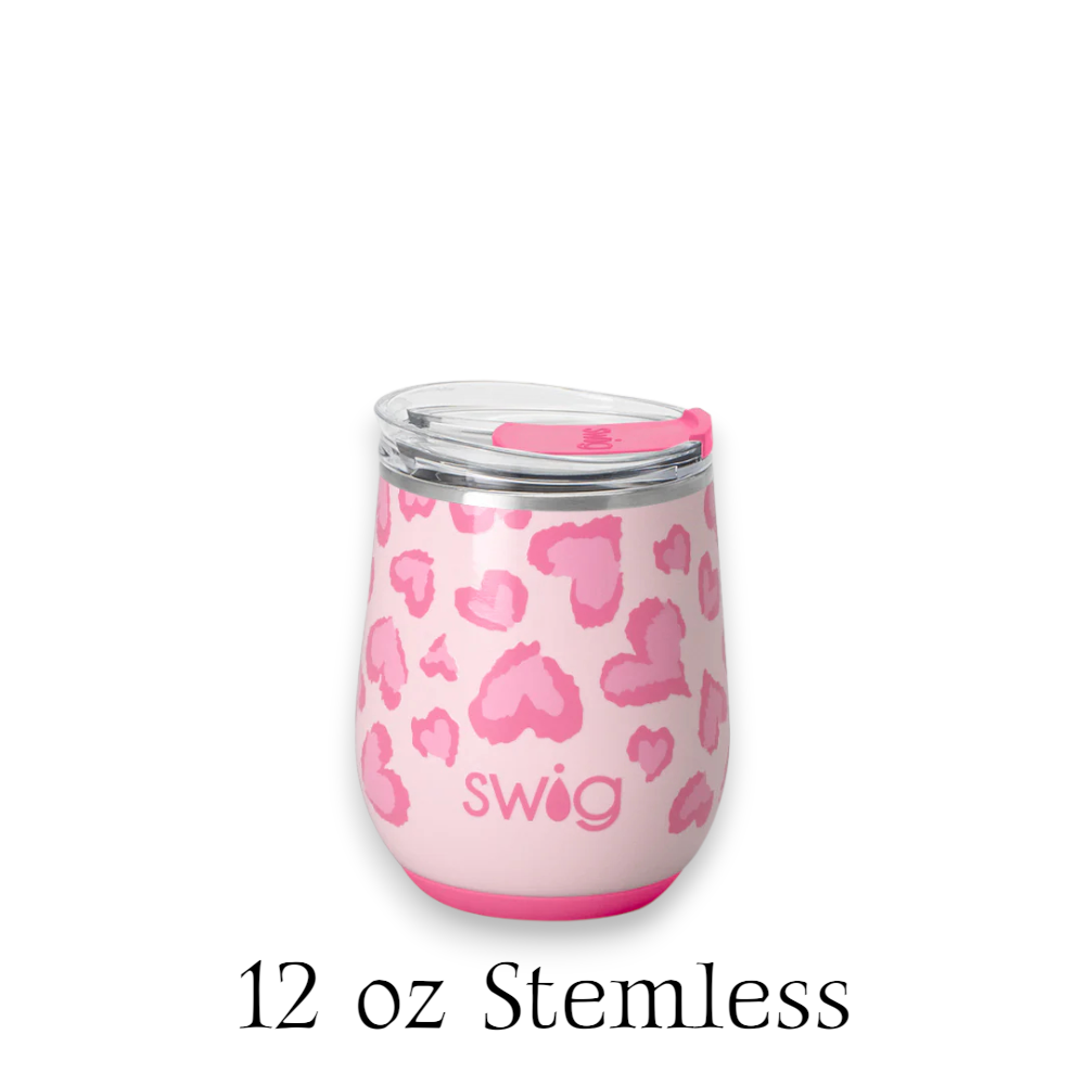 Pink heart-patterned swig tumbler on a white background