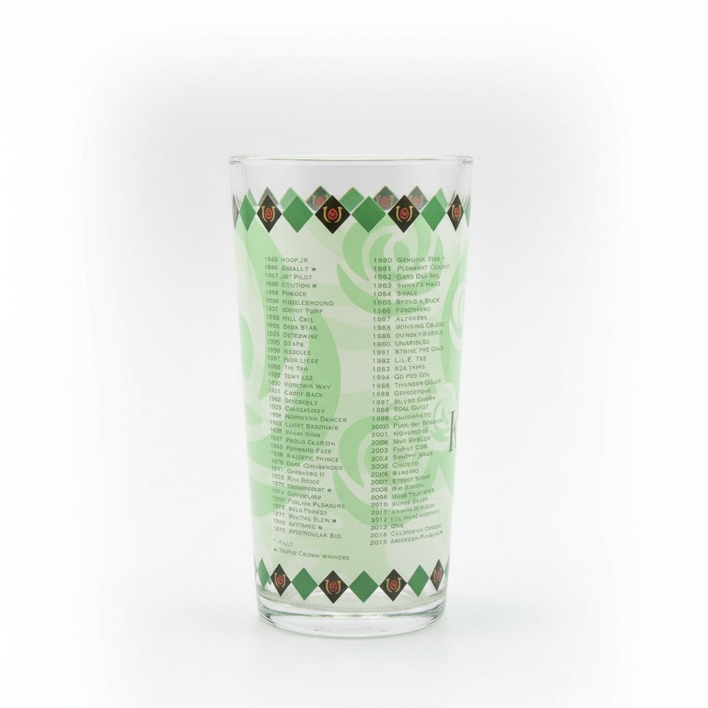 The back of the 142nd Kentucky Derby mint julep glass showing a detailed light green printed list of past racing winners wrapped around the clear cylinder.