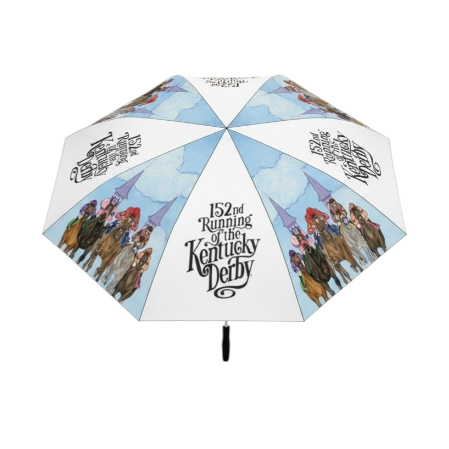 A top-down view of the open 54-inch golf umbrella, showcasing its alternating panels of white with 152nd Kentucky Derby text and light blue panels featuring colorful racing horse illustrations.