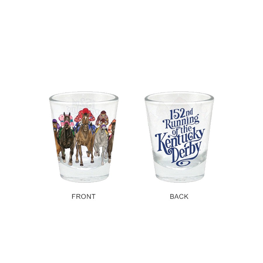 Two clear shot glasses showing the front and back designs for the 152nd Kentucky Derby, one with full-color racehorse art and the other with stylized text.