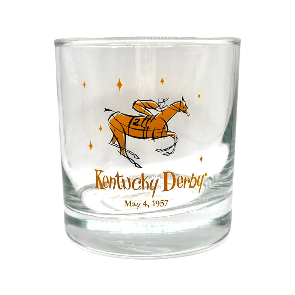 The 152nd Kentucky Derby Throwback 1957 Retro Rocks Glass with vintage artwork.