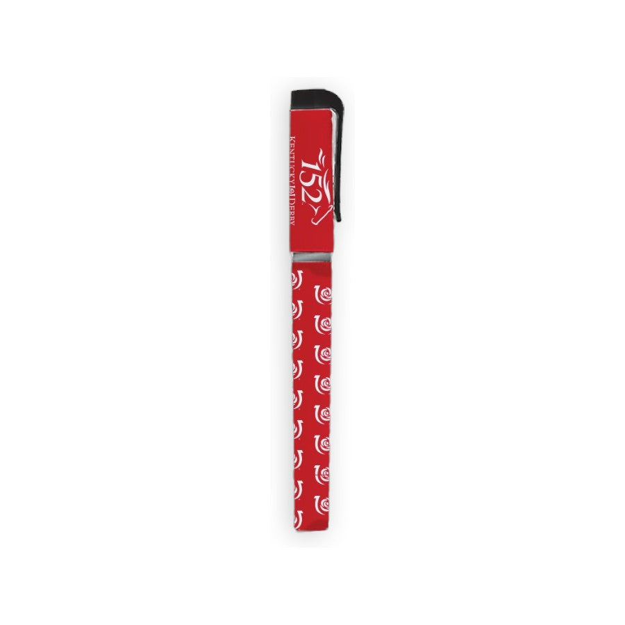A red and black barrel pen for the 152nd Kentucky Derby, showing the "KENTUCKY DERBY 152" text on the cap and a repeating white horseshoe pattern on the red barrel.
