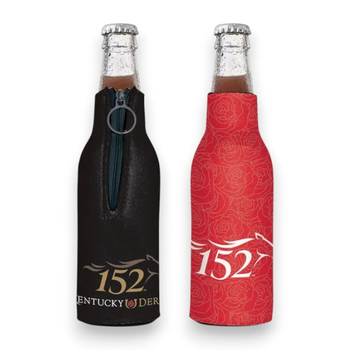 Each side of the 12 oz bottle coolers for the 152nd Kentucky Derby holding glass bottles, featuring a black zippered bottle koozie with a gold logo and a red sleeve adorned with a repeating rose pattern.