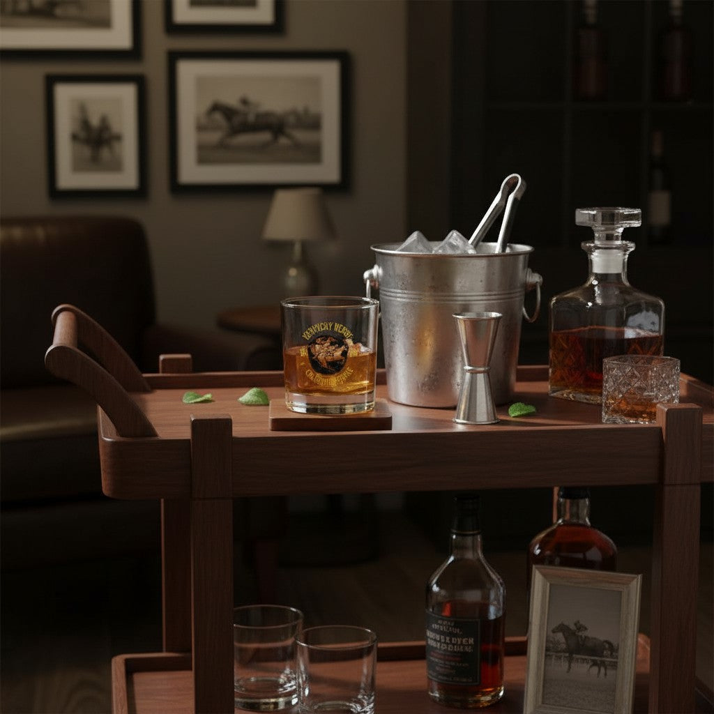 The 1966 retro rocks glass displayed on a bar with a decanter and bourbon bottle.