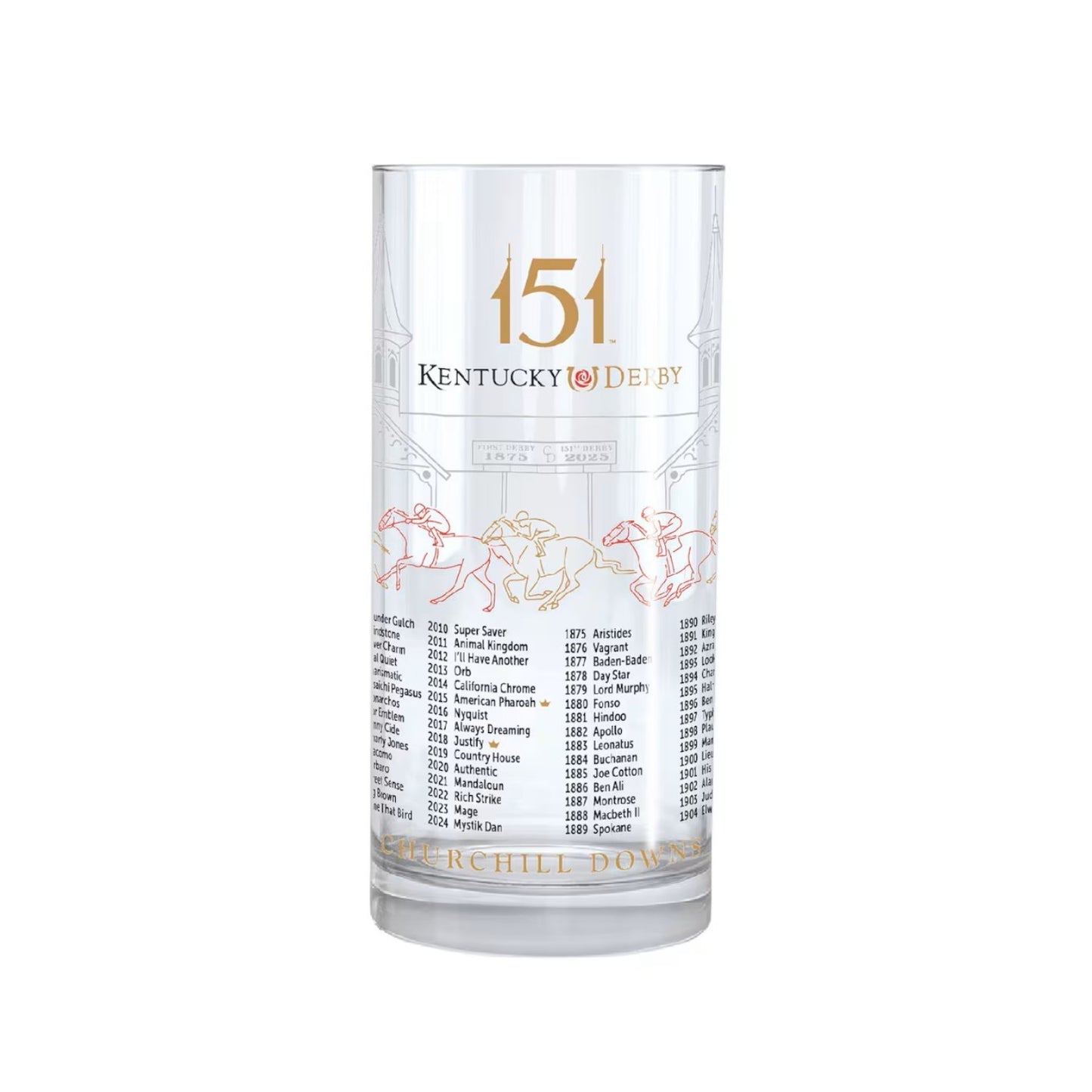 A single, clear 12 oz glass displaying the printed 2025 official 151st Kentucky Derby logo.