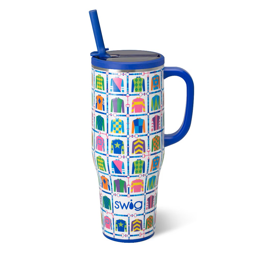 The 40oz Mega Mug in Jockey Club print with a handle and straw, set against a white background.