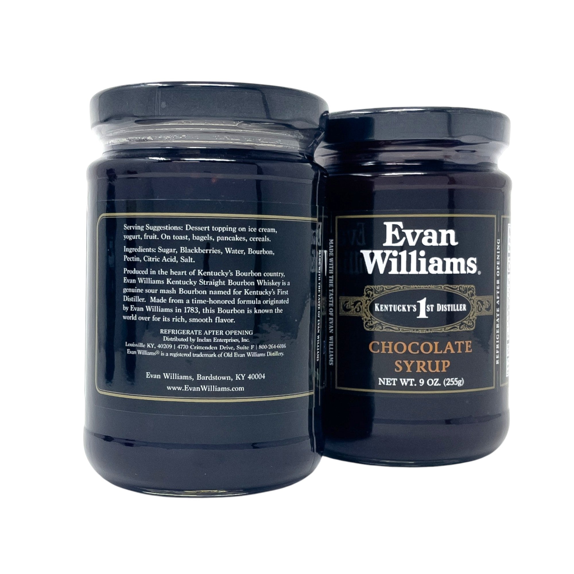 Two jars of Evan Williams Chocolate Syrup on a white background
