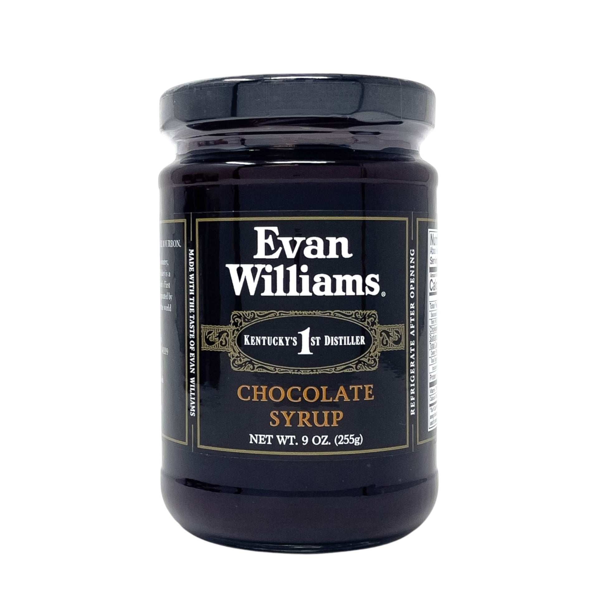 Jar of Evan Williams chocolate syrup on a white background