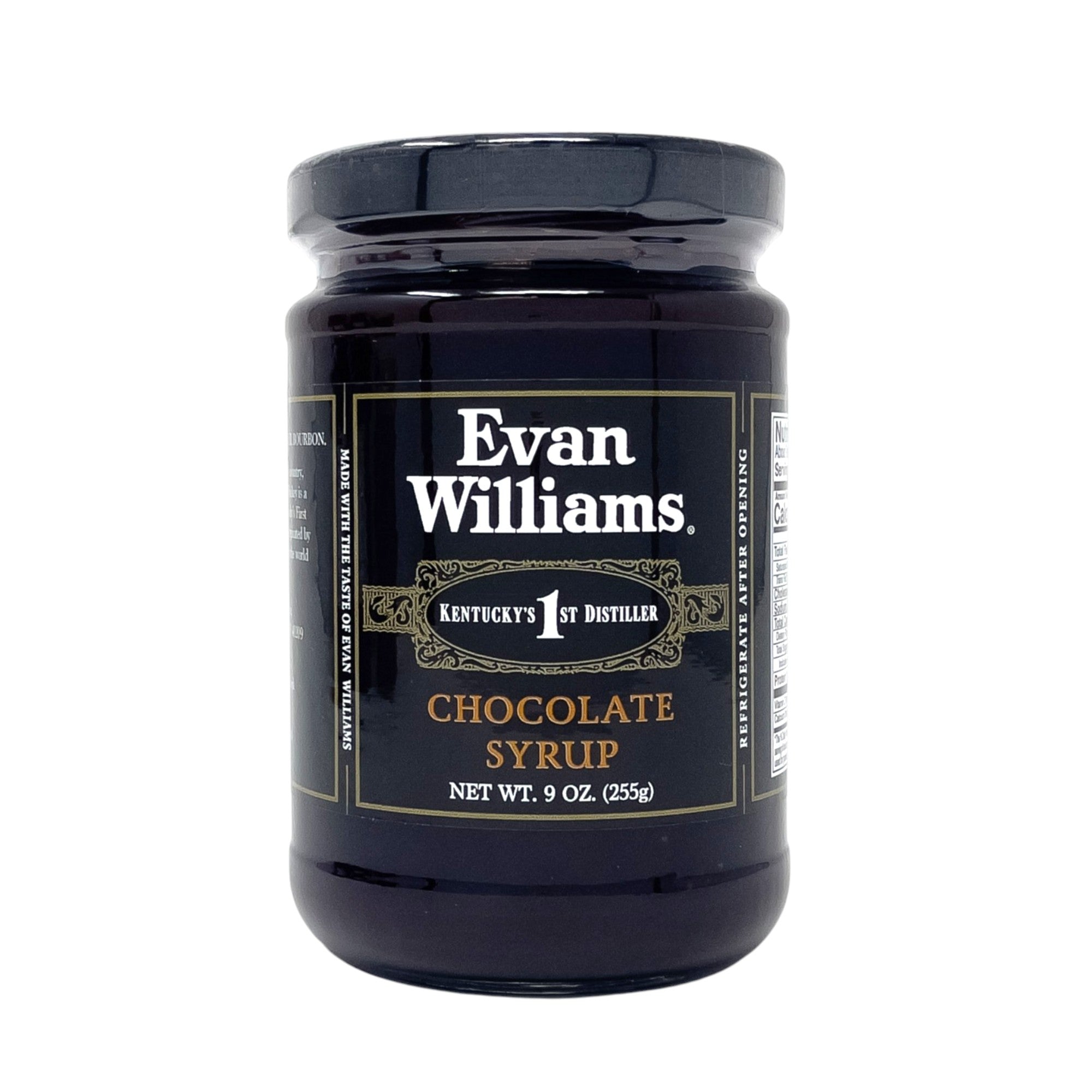 Jar of Evan Williams chocolate syrup on a white background