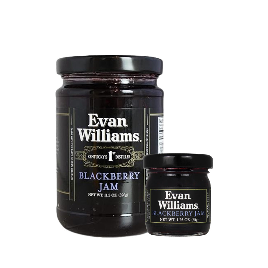 Two jars of Evan Williams Blackberry Jam on a white background