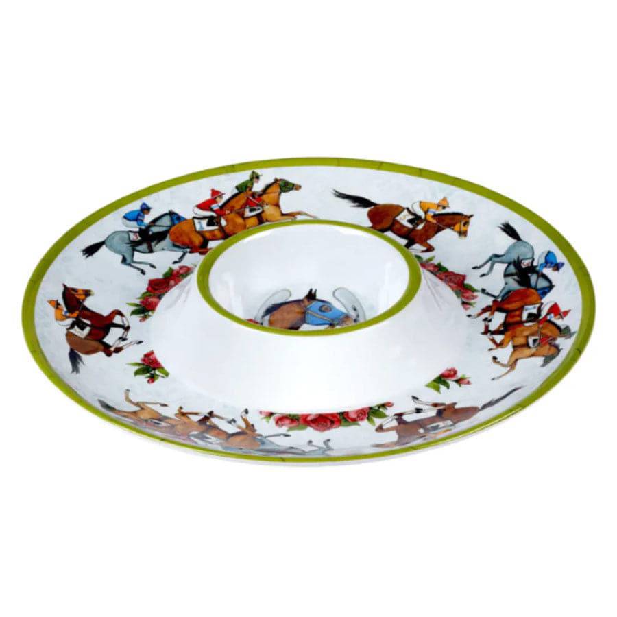 Horse and Jockey Racing themed Chip and Dip Tray with light blue background and light green rim.