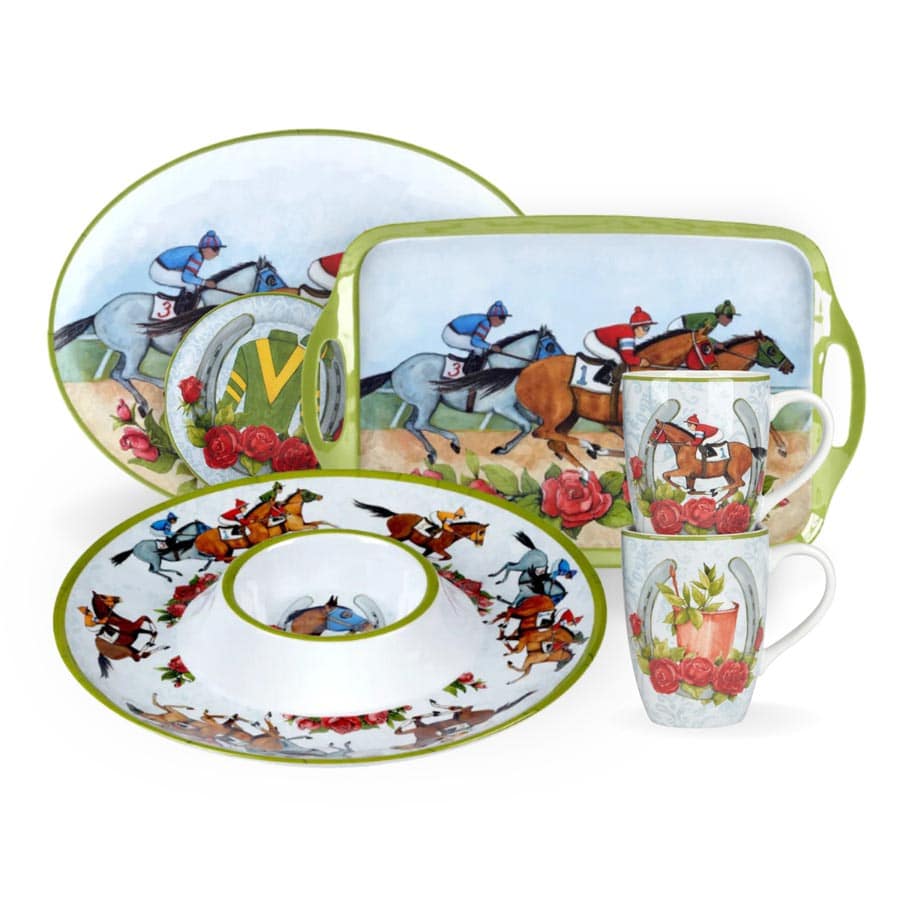 Horse & Jockey Racing Design Dinnerware Set. Includes Chip & Dip Tray, 2 Mugs, 1 6" plate, large oval platter, and large rectangular tray.