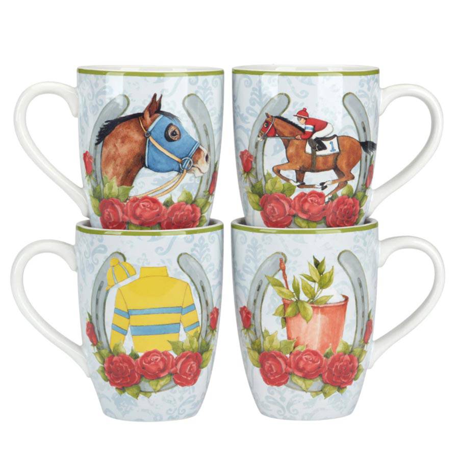 4, stacked light blue mugs with light green rim. Each has a different Horse & Jockey themed design with a Horseshoe and Roses.