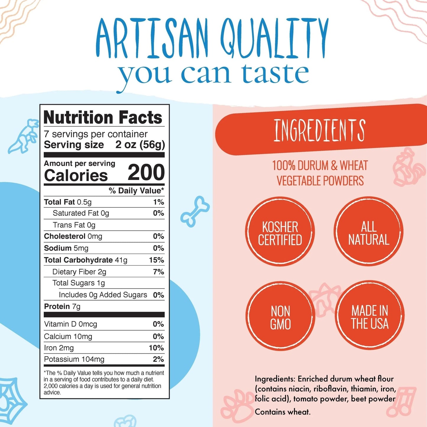 Nutrition facts and ingredients label for an artisan product with certification badges.