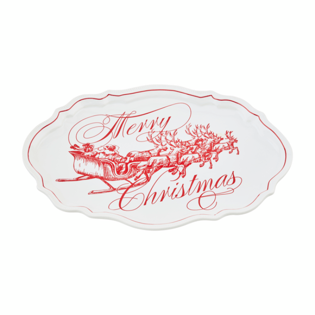 Merry Christmas Platter with hand-painted rim and festive Santa sleigh and reindeer design in red, made of durable stoneware.