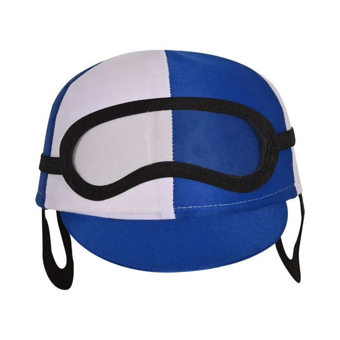 Blue and white Adult Jockey Cap with black straps on a white background