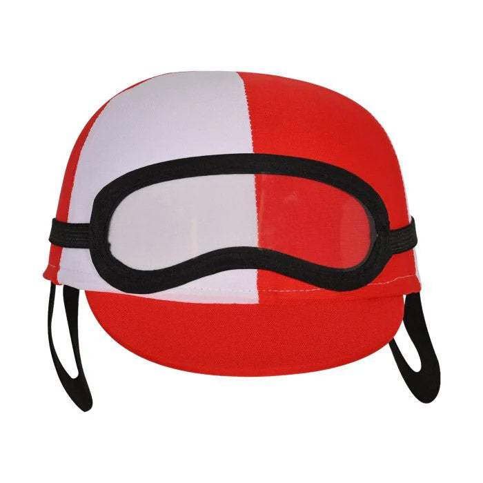 Red and white Adult Jockey Cap with black straps on a white background