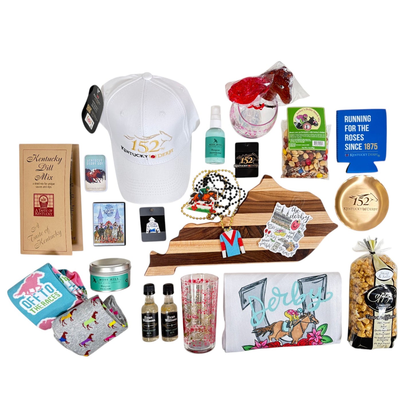 A full array of Kentucky Derby 152 gift items spread out, including snacks, drinkware, cap, and Derby memorabilia.
