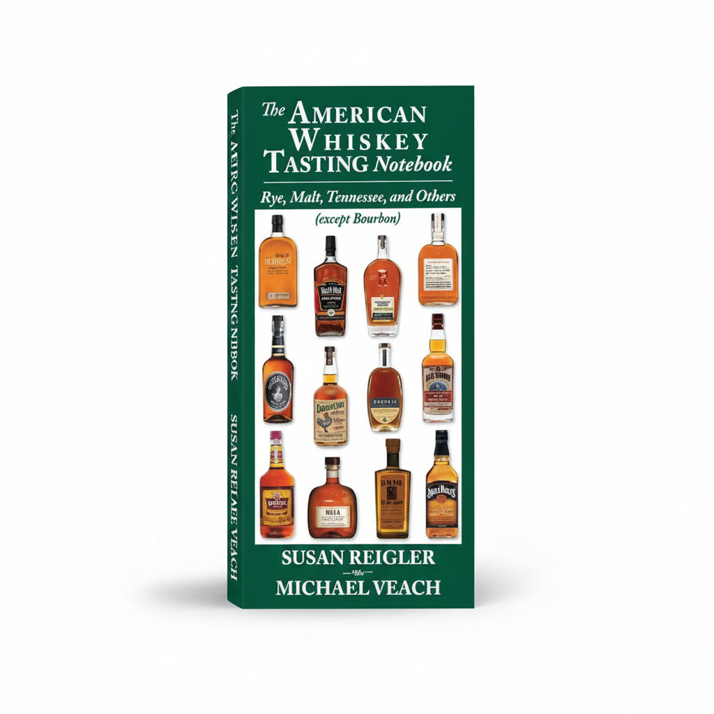 Front cover of the American Whiskey Tasting Notebook featuring a dark green background and a grid of various American whiskey bottles.