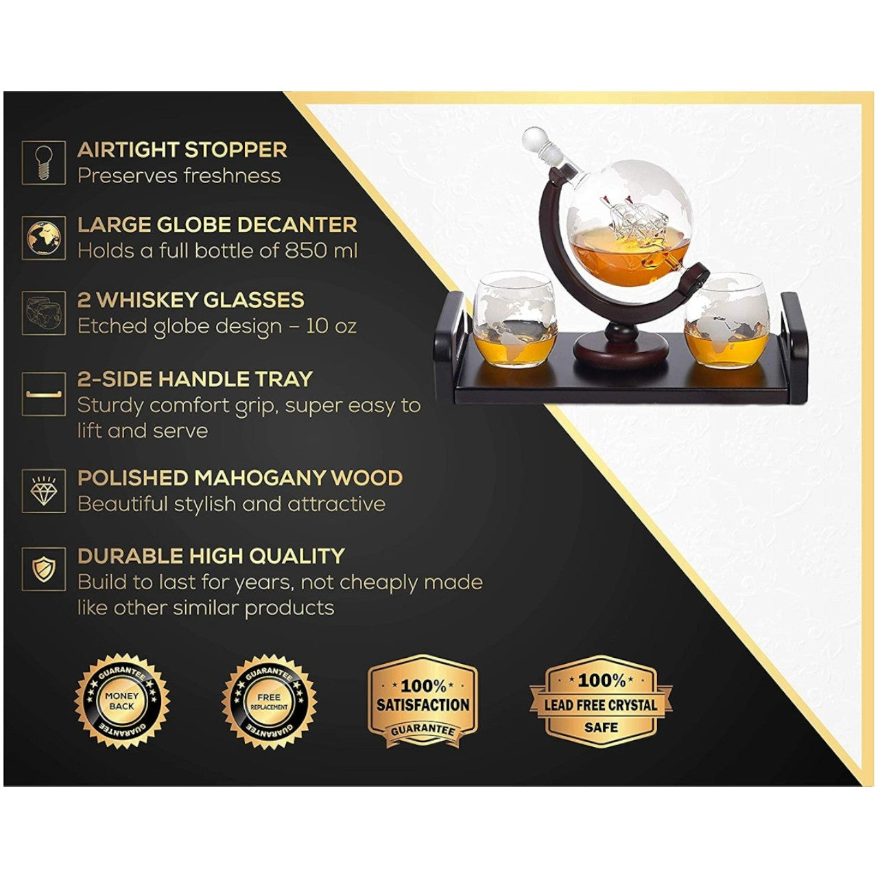 Whiskey decanter set with glasses and tray on a black and white background