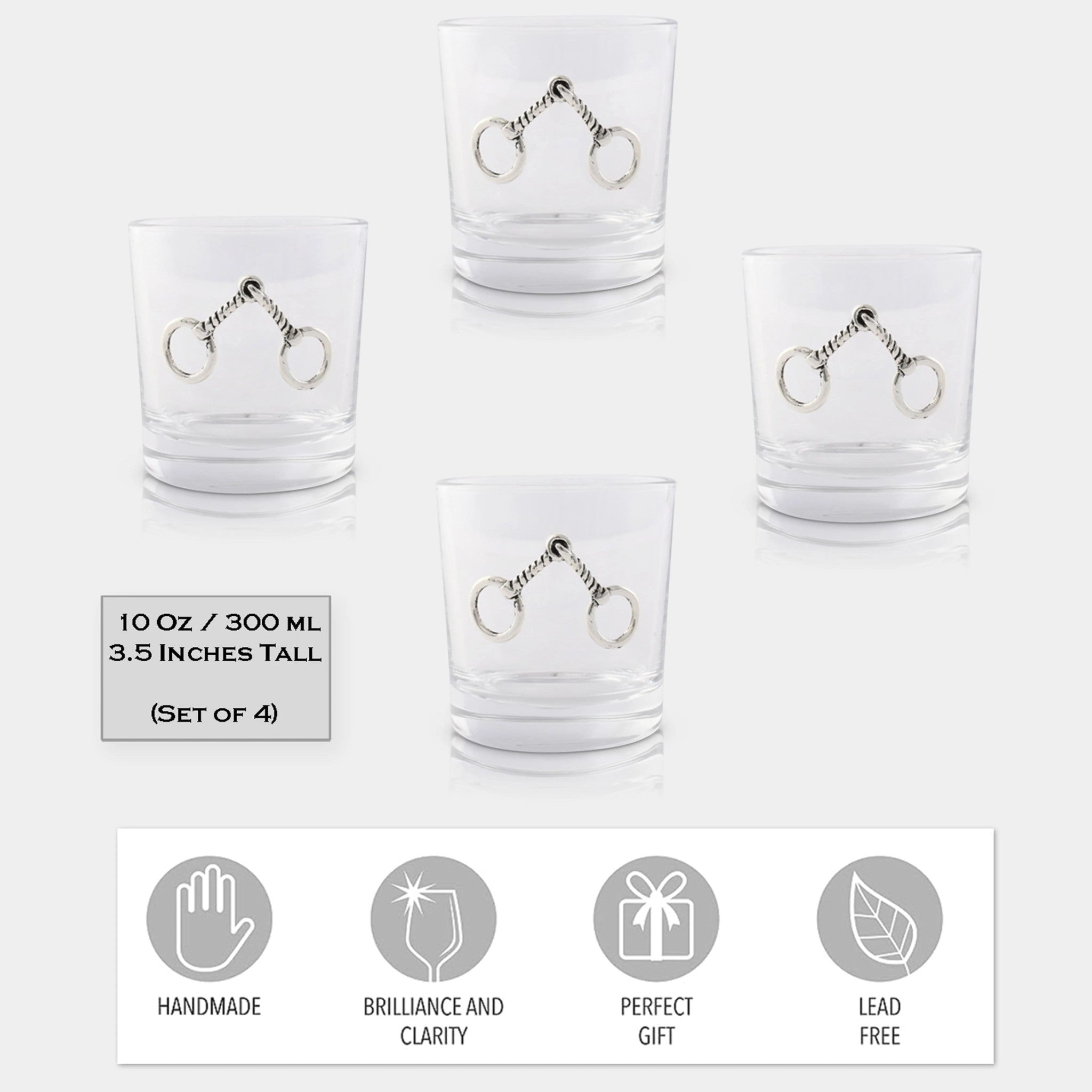 Set of four clear glasses with equestrian stirrup design on a white background