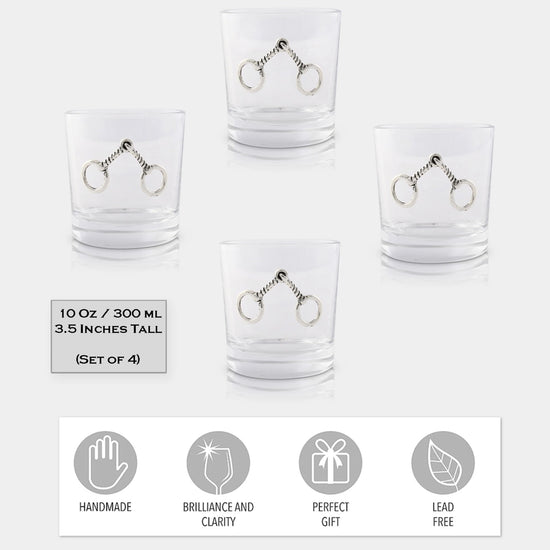 Set of four clear glasses with equestrian stirrup design on a white background