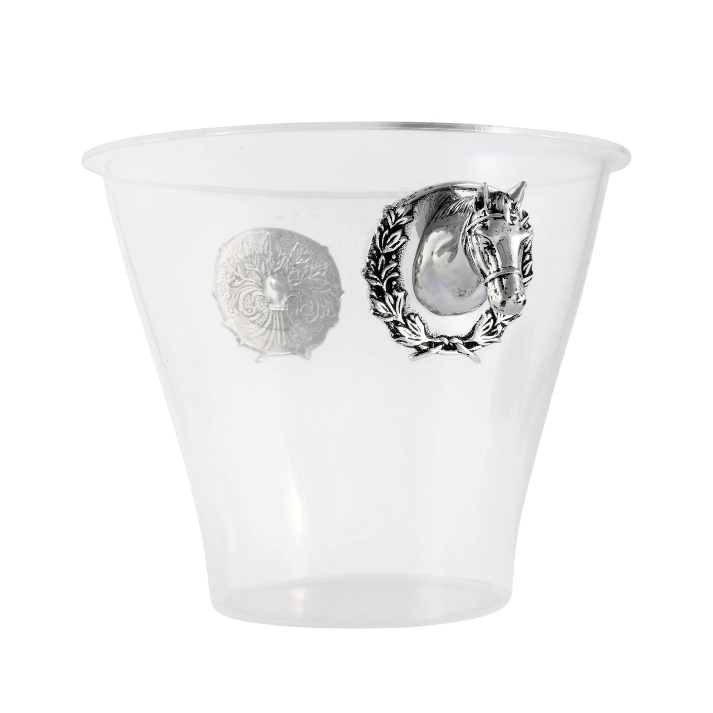 A clear acrylic ice bucket with detailed silver horse head handles shown against a clean white background.