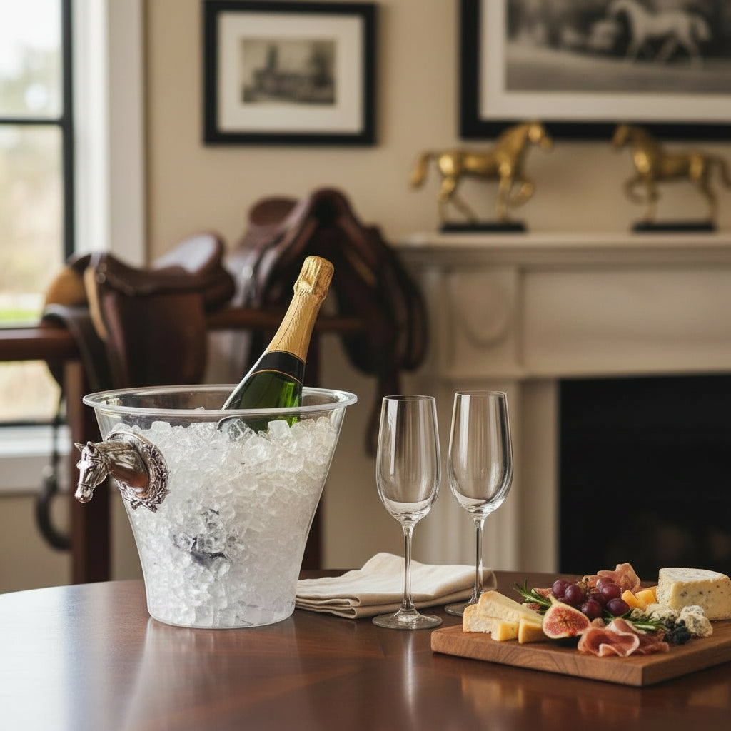 A lifestyle scene showing the horse head ice bucket on a wooden table next to a charcuterie board, perfect for celebrating.