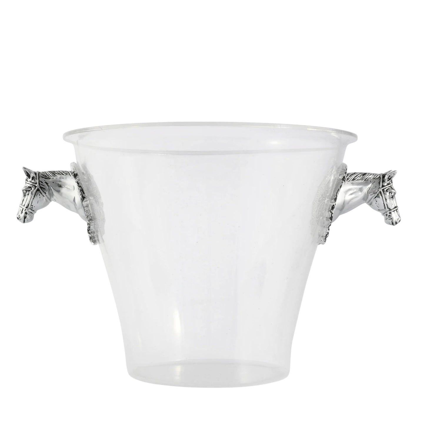 Clear glass ice bucket with silver horse handles on a white background