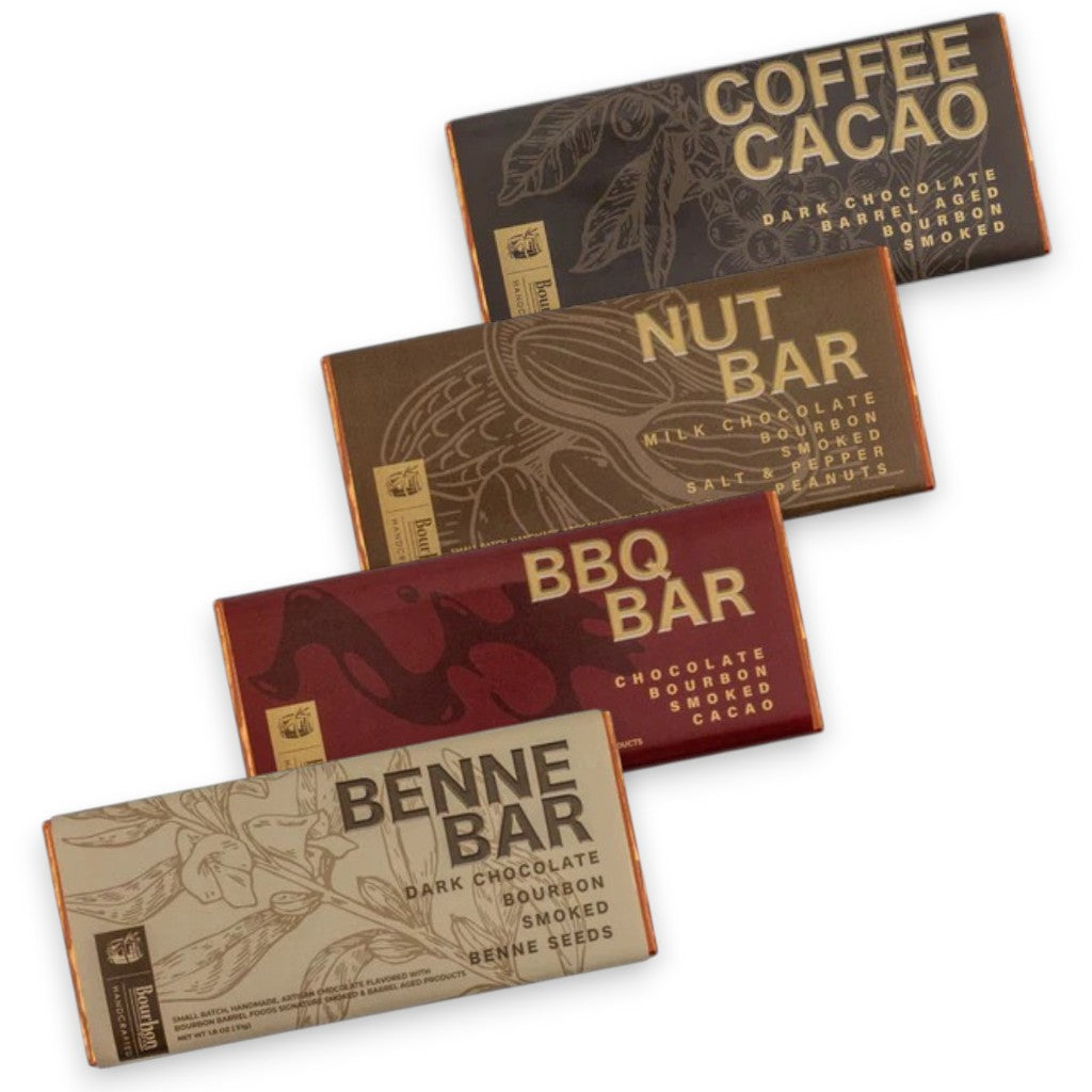 Four chocolate bars with different flavors on a white background