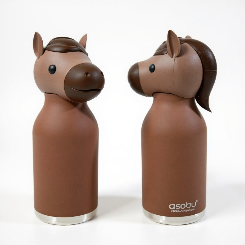 The ASOBU Horse Bestie Bottle, a brown insulated water bottle in the shape of a horse.