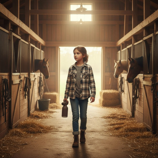 Young girl walking through a barn with horses and hay holding an ASOBU Bestie Horse water bottle