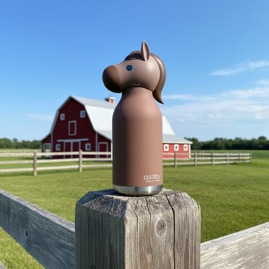 A lifestyle image showing the Horse Bestie Bottle resting on a fence post at a barn.