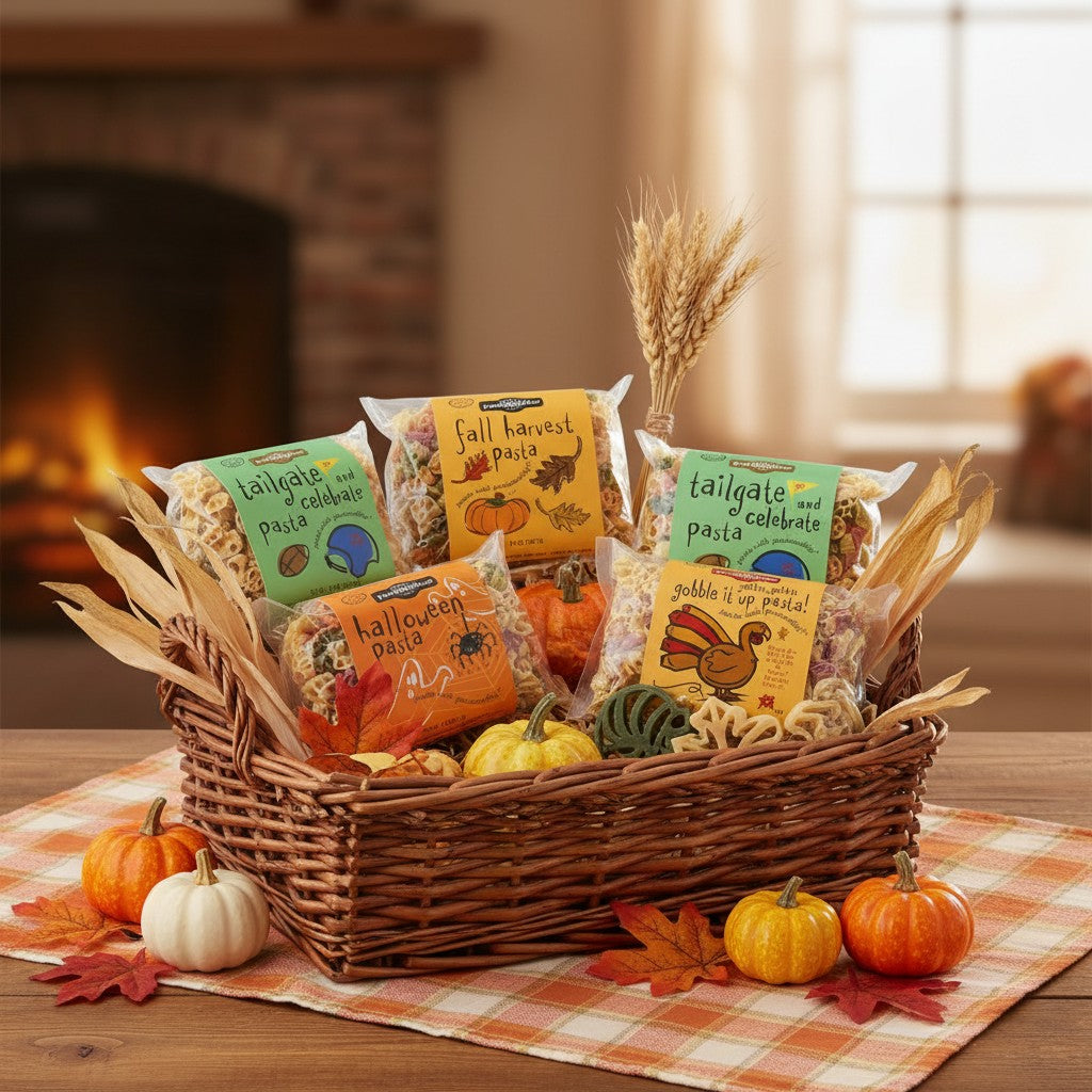 Gift basket with fall-themed products on a table with pumpkins and leaves.