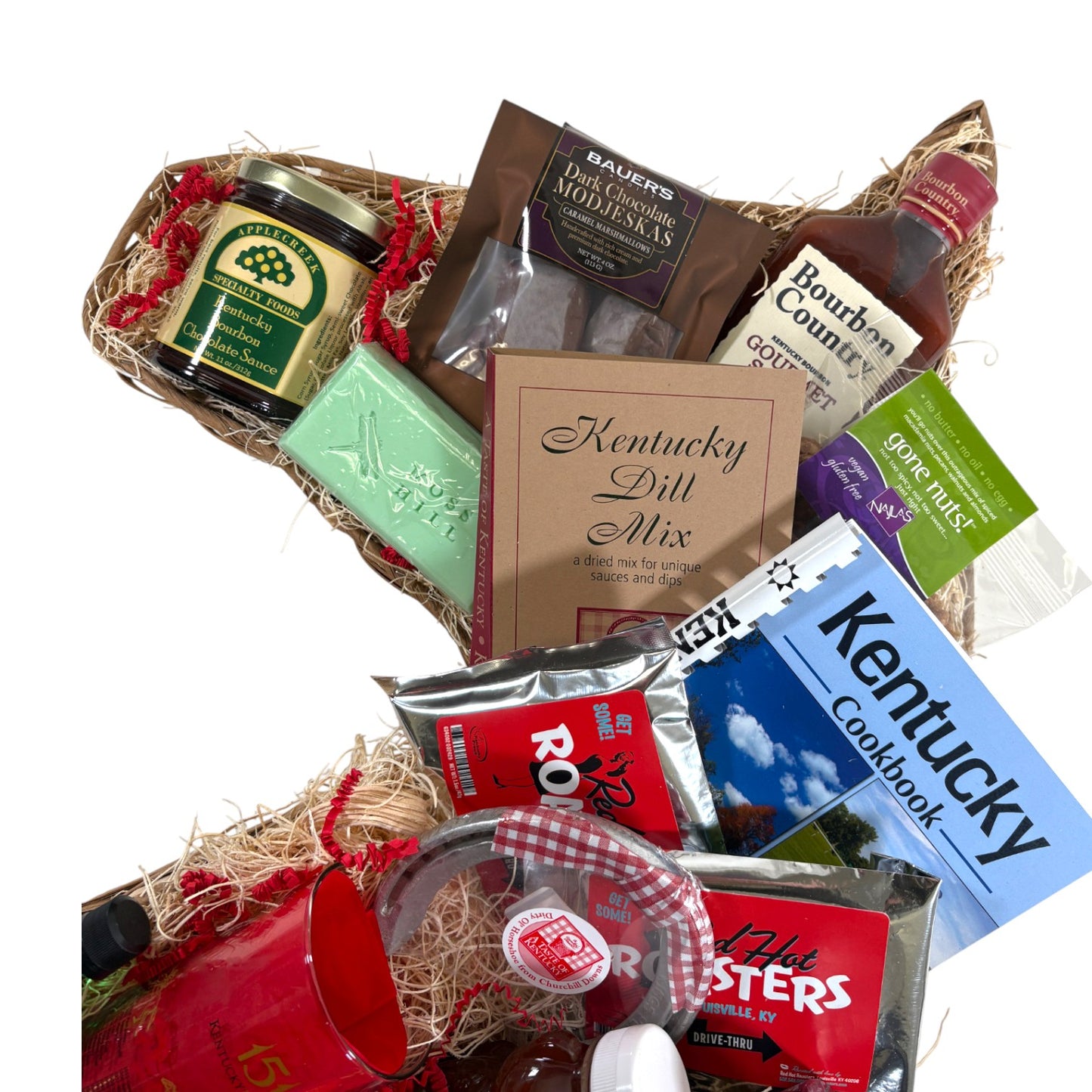 Gift basket with various items including a Kentucky Dill Mix package on a white background