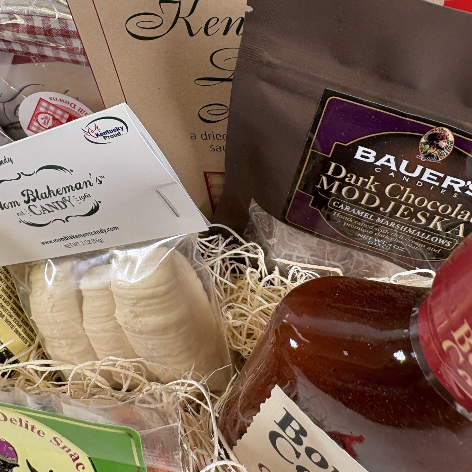 A detail shot of the sweets assortment, highlighting the Bauer's Modjeskas and Mom Blakeman Pull Candy.