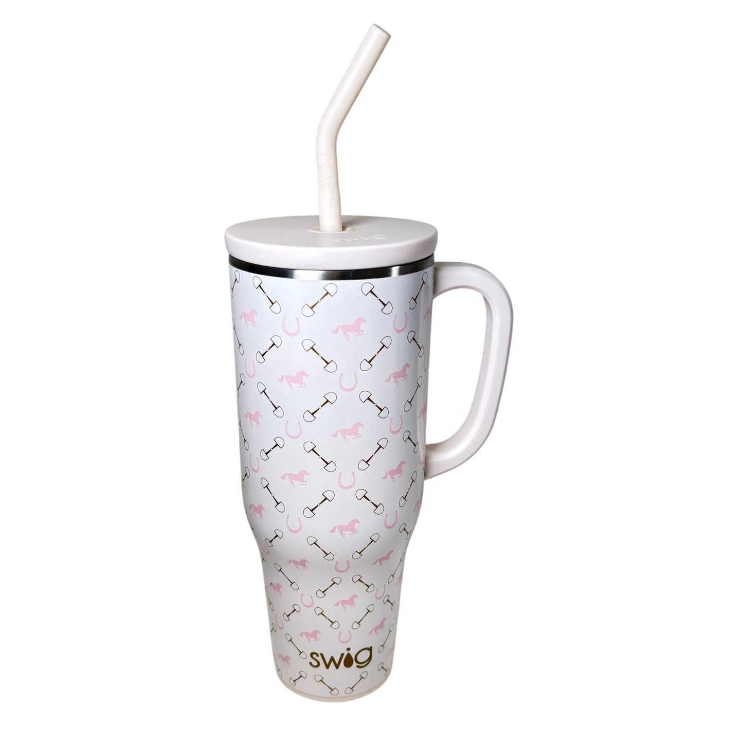 The 40oz Mega Mug in the Bits and Pieces pattern, featuring a sturdy handle and pink equestrian print.