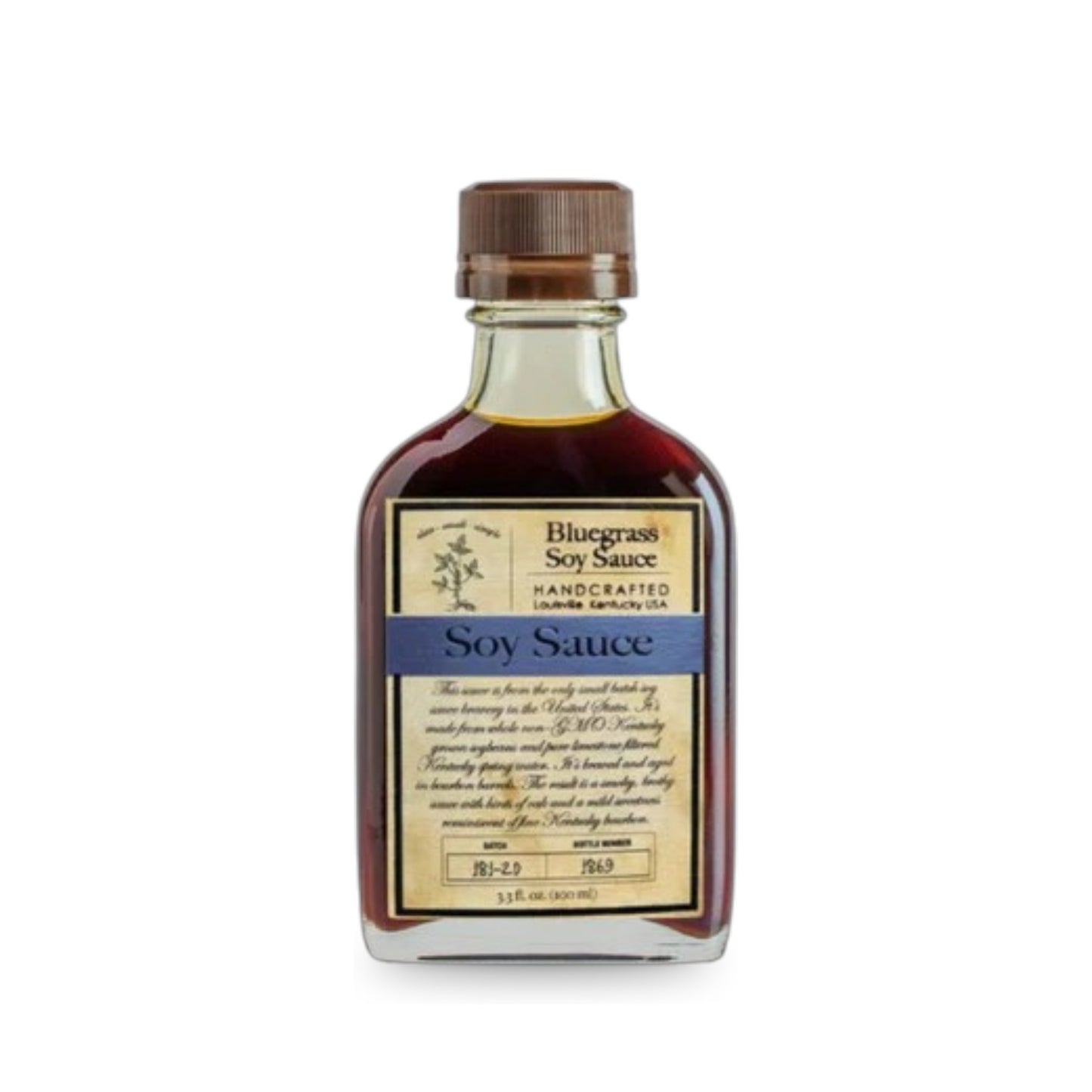 Front view of Bluegrass Soy Sauce in a small flask bottle with vintage-style label