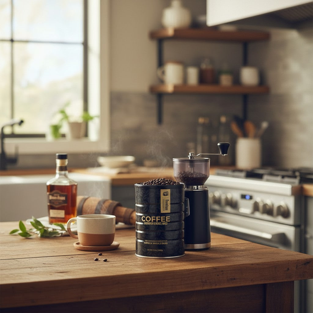 Bourbon Barrel Aged Coffee styled in a kitchen setting with a warm, artisanal feel