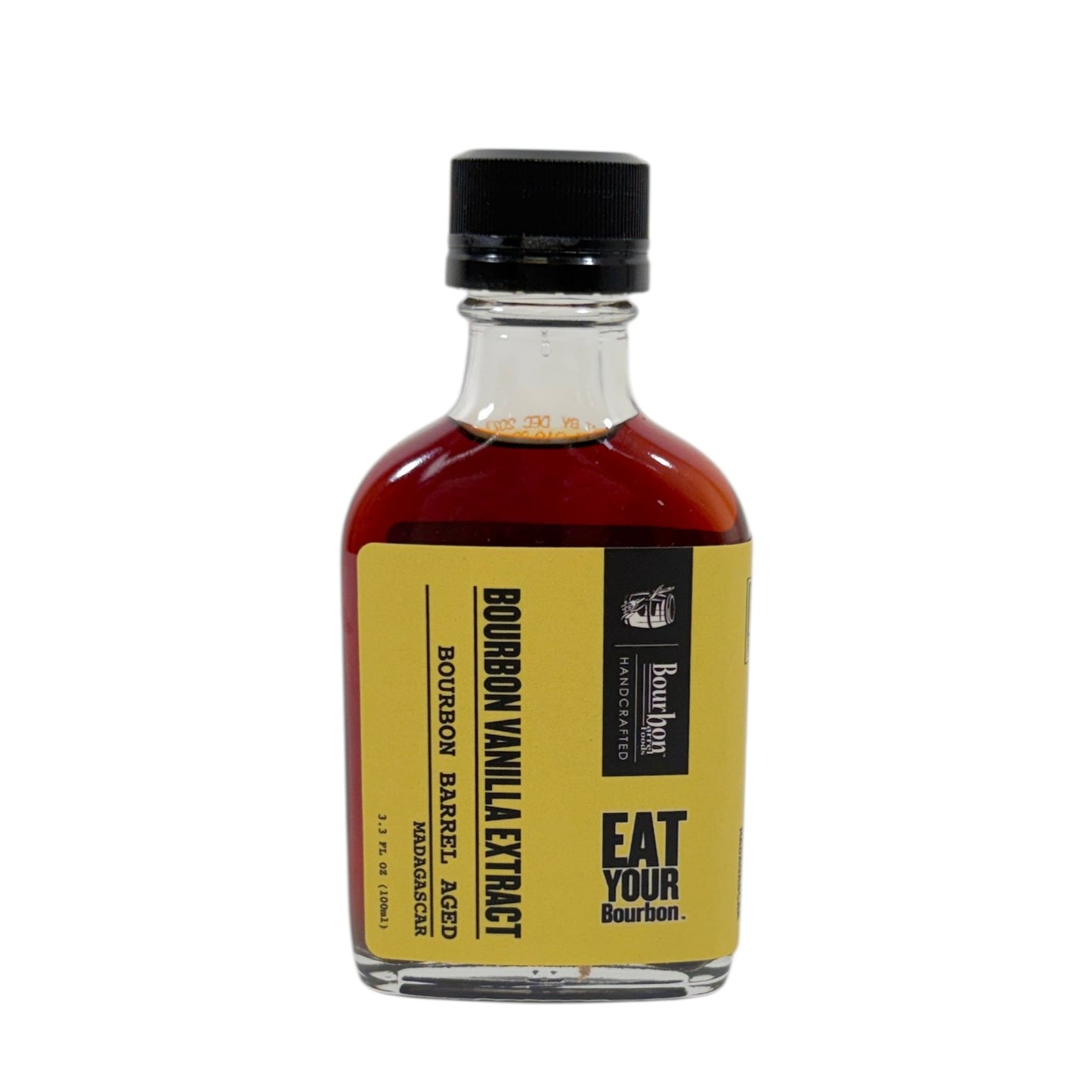 A 100 ML glass bottle of Bourbon Barrel Aged Madagascar Vanilla Extract featuring a classic label design.