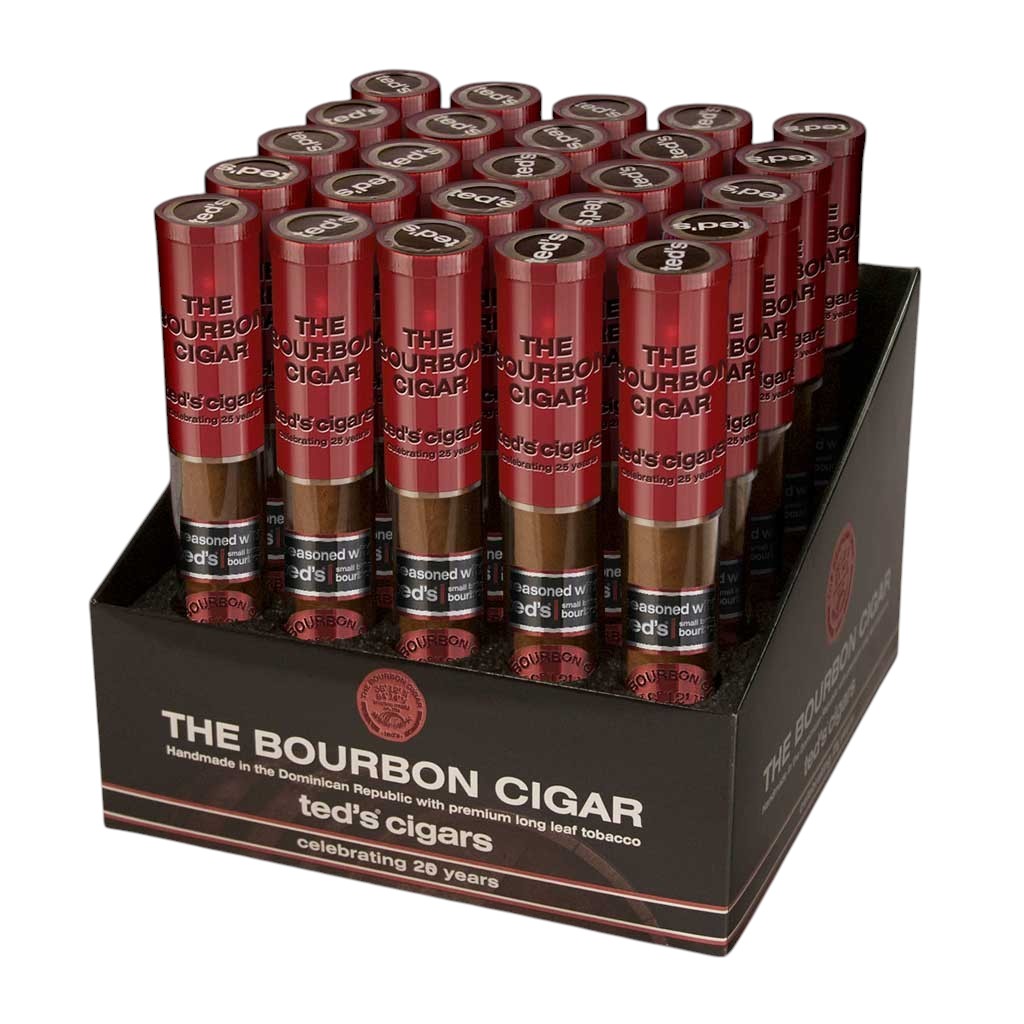 Display of 'The Bourbon Cigar' by ted's cigars in a black box on a white background