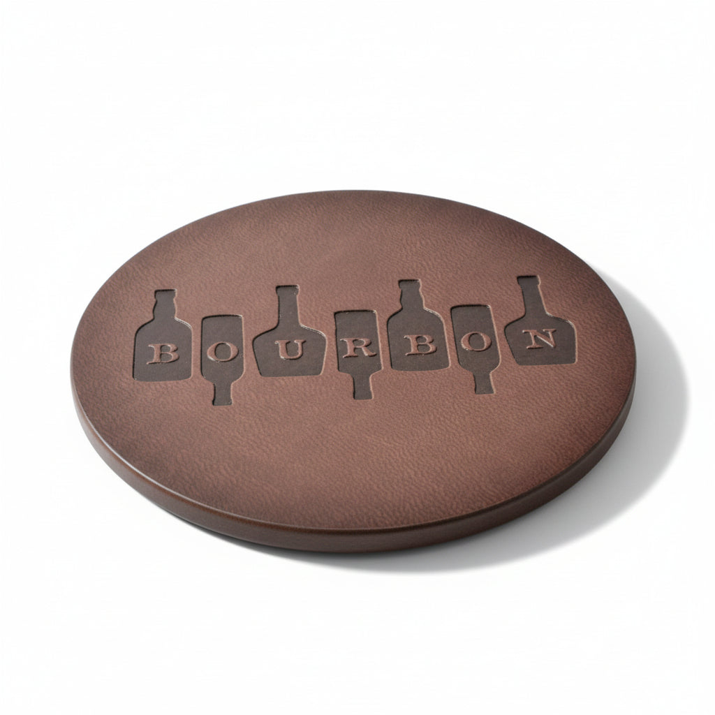 Detail shot highlighting the textured surface and durable stitching of the genuine leather bourbon coaster.