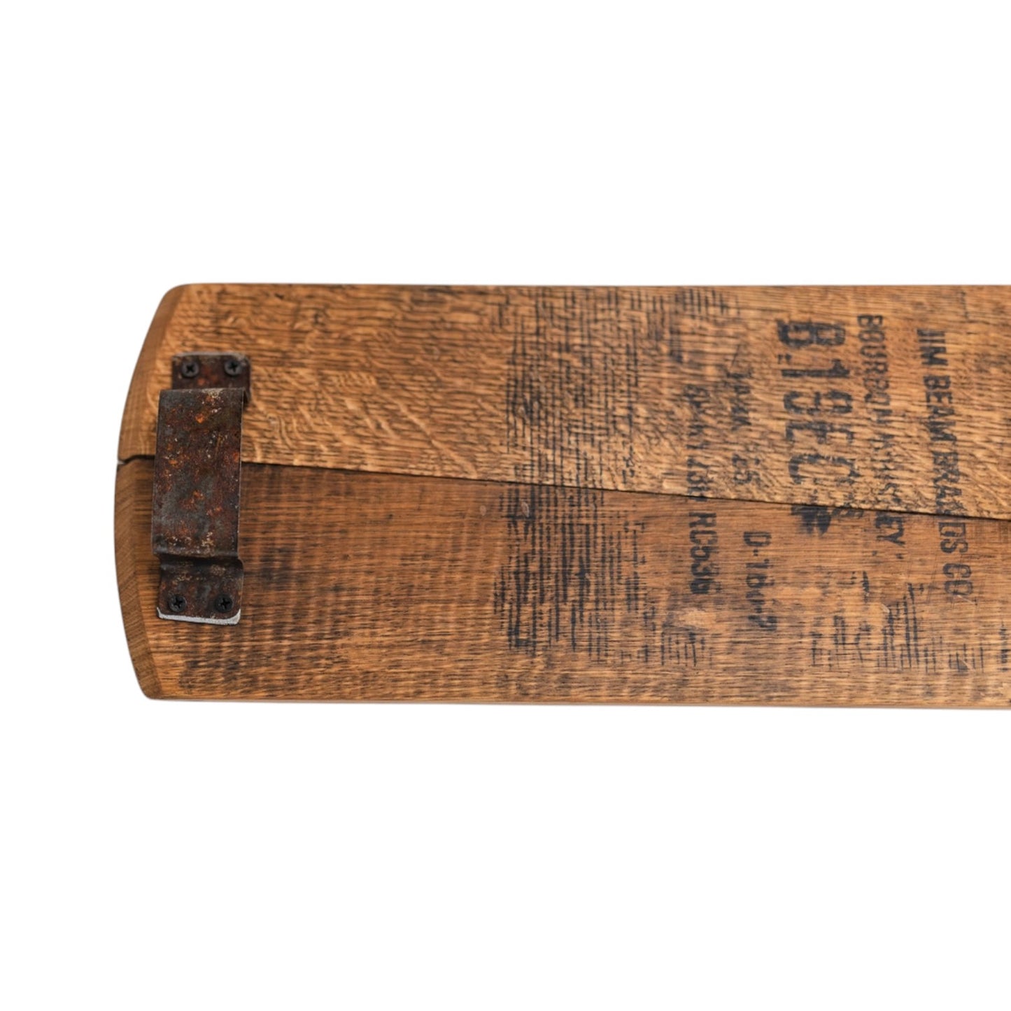 Close-up of original bourbon barrel markings and weathered patina on the reclaimed wood Bourbon Head Cheese Tray.
