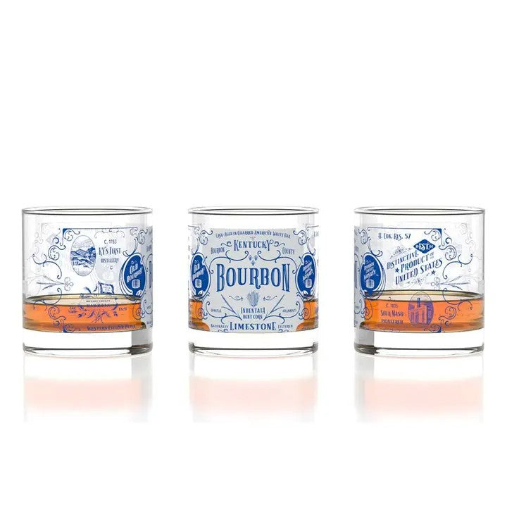 Kentucky Bourbon Origins rocks glass with vintage-inspired blue artwork.