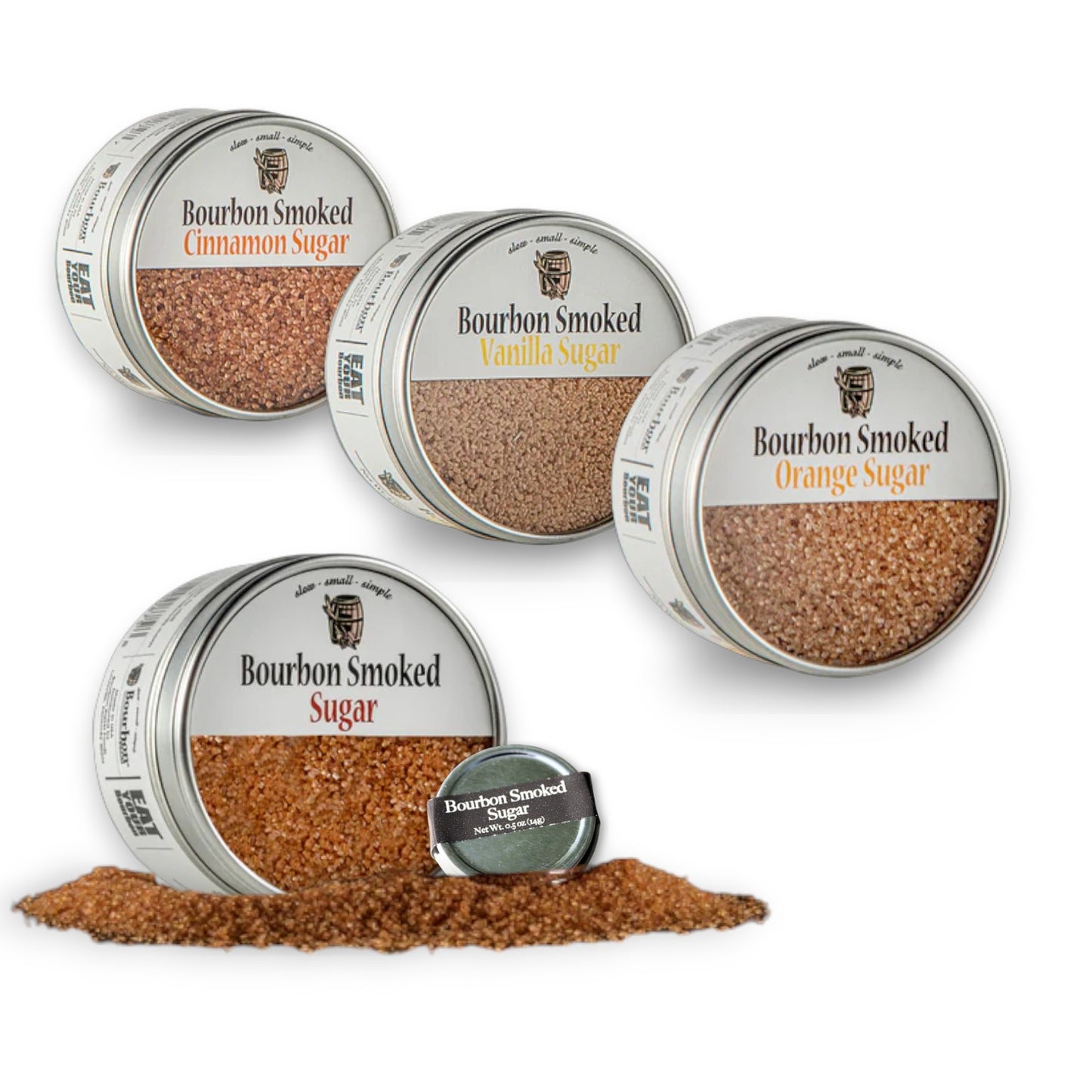 A collection of Bourbon Barrel Foods smoked sugar tins: Original, Cinnamon, Vanilla, and Orange.