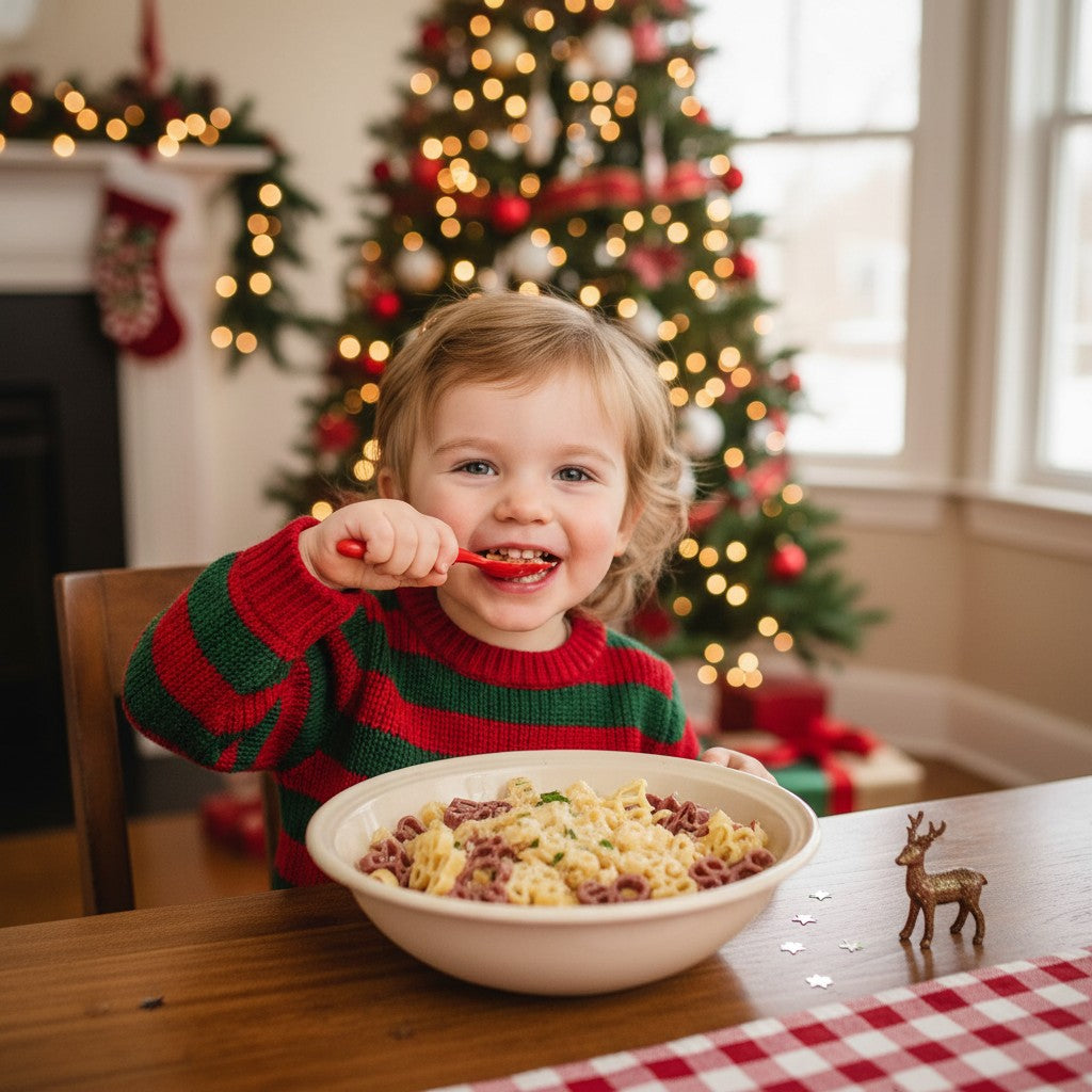 Child eating pasta in front of a Christmas tree