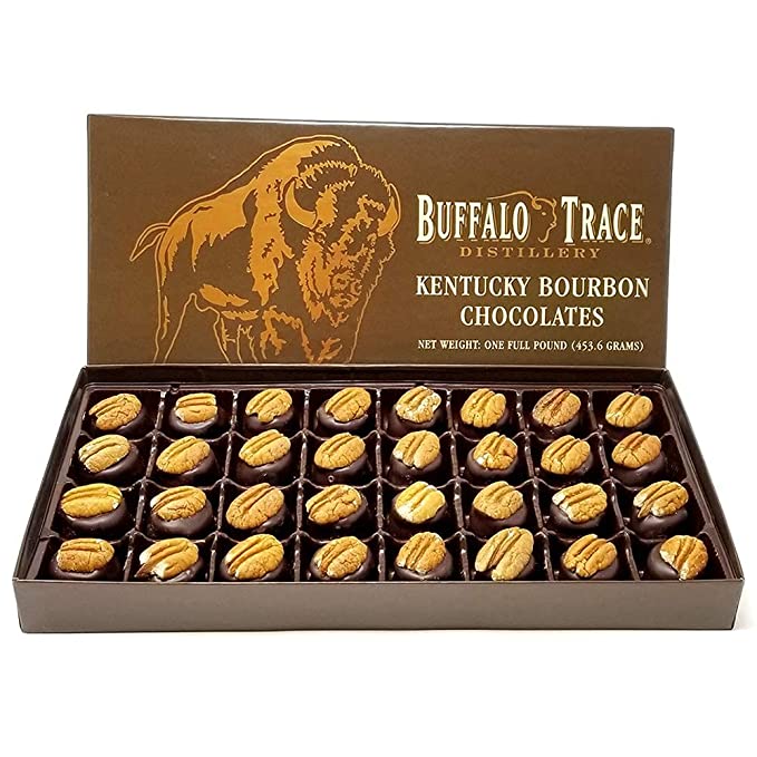 Box of Buffalo Trace Kentucky Bourbon Chocolates with a brown box and gold accents.