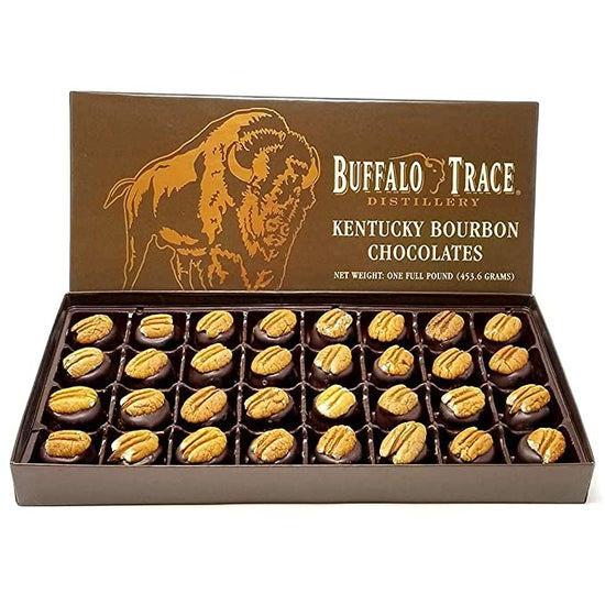 Box of Buffalo Trace Kentucky Bourbon Chocolates with a brown box and gold accents.