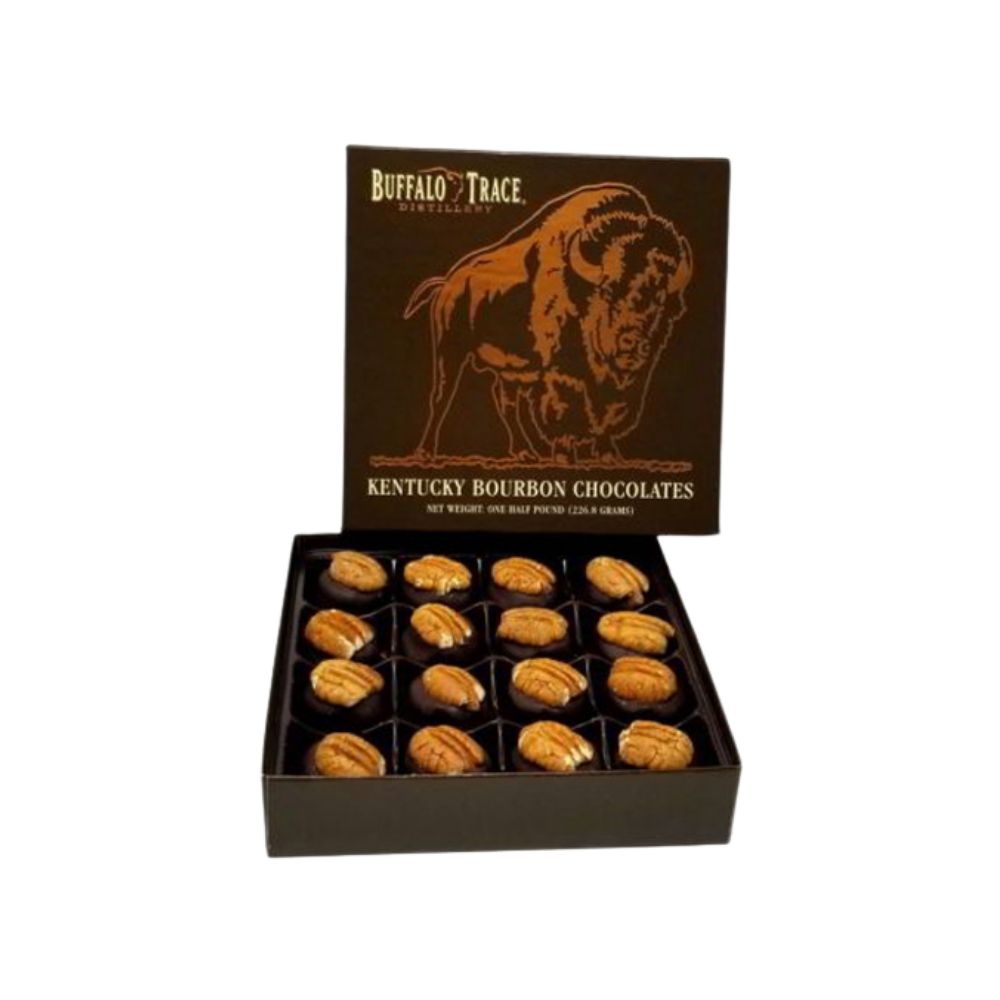 Box of Buffalo Trace Kentucky Bourbon Chocolates on a white background