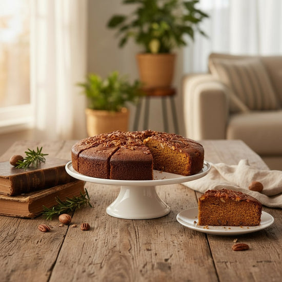 Lifestyle image of the Cayman Cove Rum Cake presented on a dessert table with coffee and festive decor.